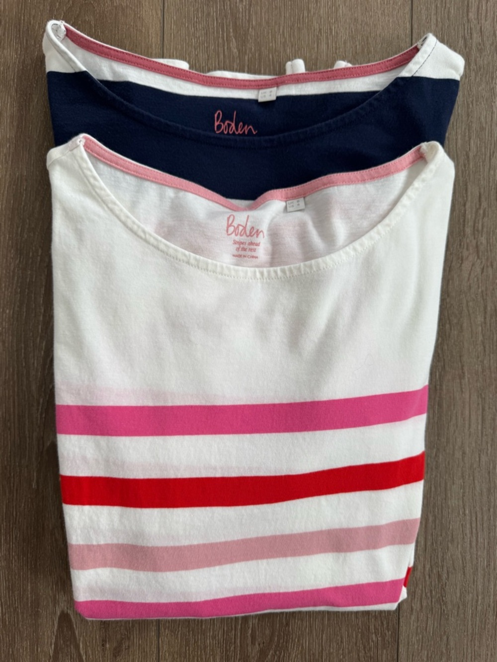 Boden 100% Cotton Striped Long Sleeve Tee Bundle Navy Pink Breton Tops Size 4